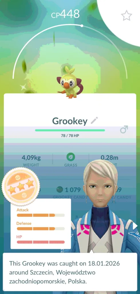 Ekran Pokemon GO z postacią Grookey, informacjami o CP, statystykach i datą złapania.