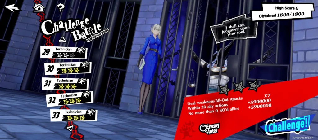 Gra Persona 5: The Phantom X z widokiem na ekran wyzwania bojowego, z postacią w niebieskim stroju i przeciwnikiem za kratami.