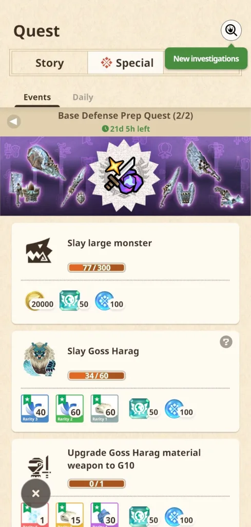 Ekran gry Monster Hunter Now z listą zadań, w tym 'Slay large monster', 'Slay Goss Harag' i 'Upgrade Goss Harag material weapon to G10'.