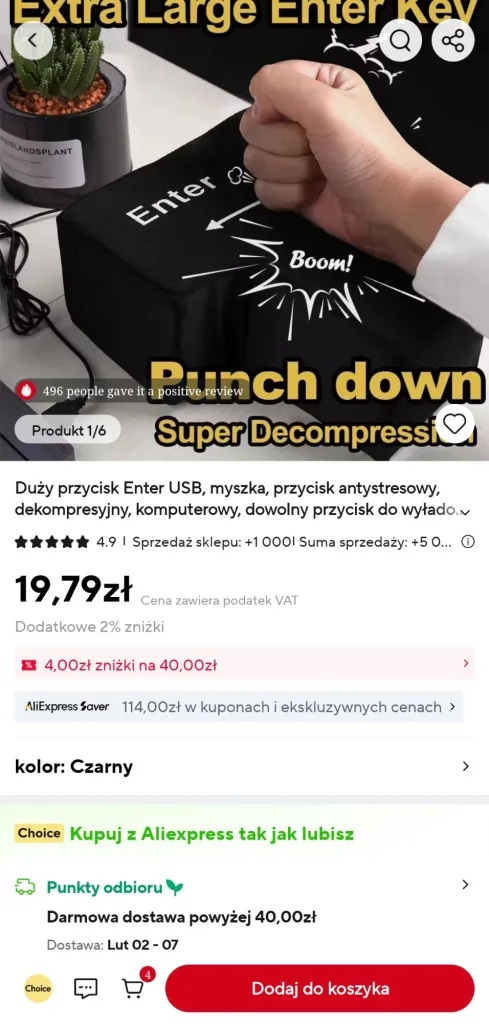 Duży czarny przycisk Enter z napisem "Enter" i "Boom!", do którego zbliża się pięść. Obok stoi doniczka z kaktusem.
