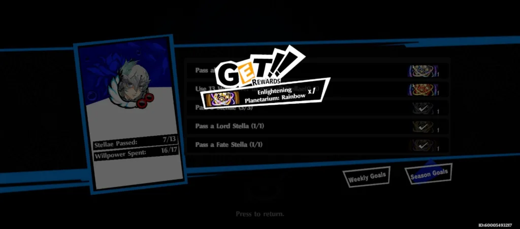Karta postaci z wizerunkiem młodej osoby z niebieskimi włosami i maską, obok lista zadań i nagród w Persona 5: The Phantom X