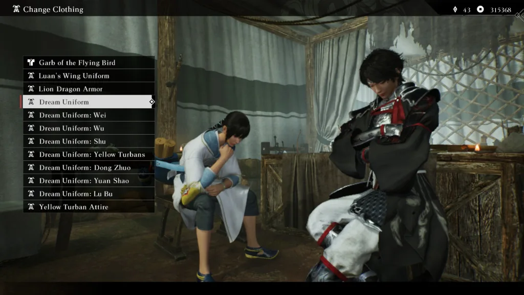 Menu zmiany stroju w Dynasty Warriors: Origins, z podświetloną opcją "Dream Uniform"