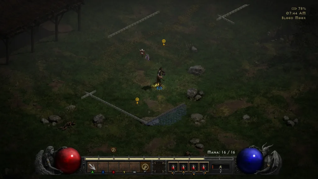 Postać gracza w grze komputerowej Diablo II: Resurrected stoi na trawiastym polu, otoczona przez elementy interfejsu użytkownika.