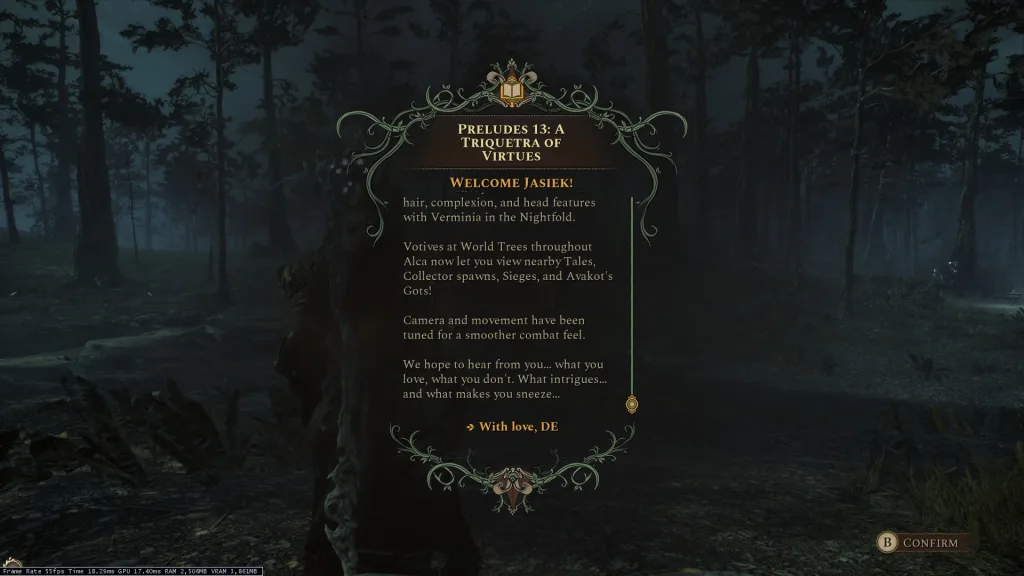 Ekran powitalny gry Soulframe z tekstem "Preludes 13: A Triquetra of Virtues" i "Welcome Jasiek!" na tle mrocznego lasu.