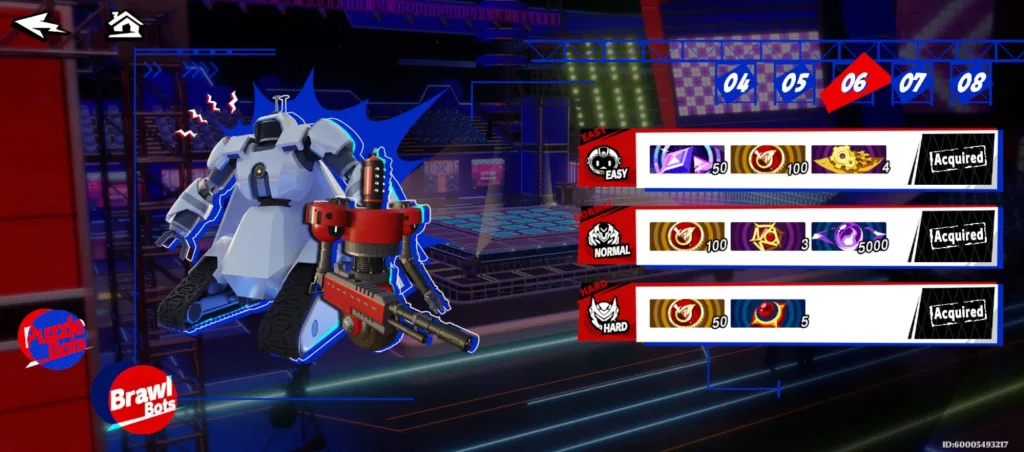 Robot bojowy w trybie Brawl Bots, z opcjami trudności Easy, Normal i Hard, oraz ikonami przedmiotów i zdobytych nagród.