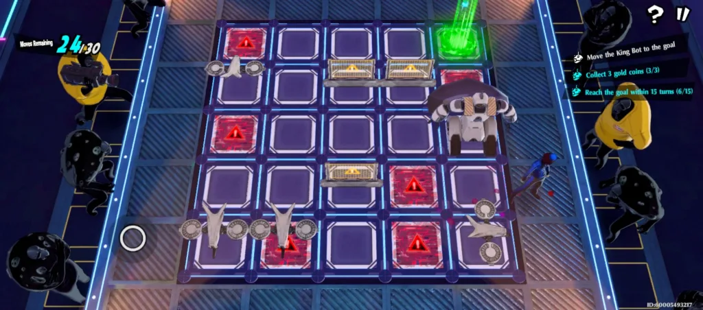 Plansza gry w Persona 5 X z elementami taktycznymi, w tym czerwonymi polami z ostrzeżeniem, złotymi monetami i białym robotem.