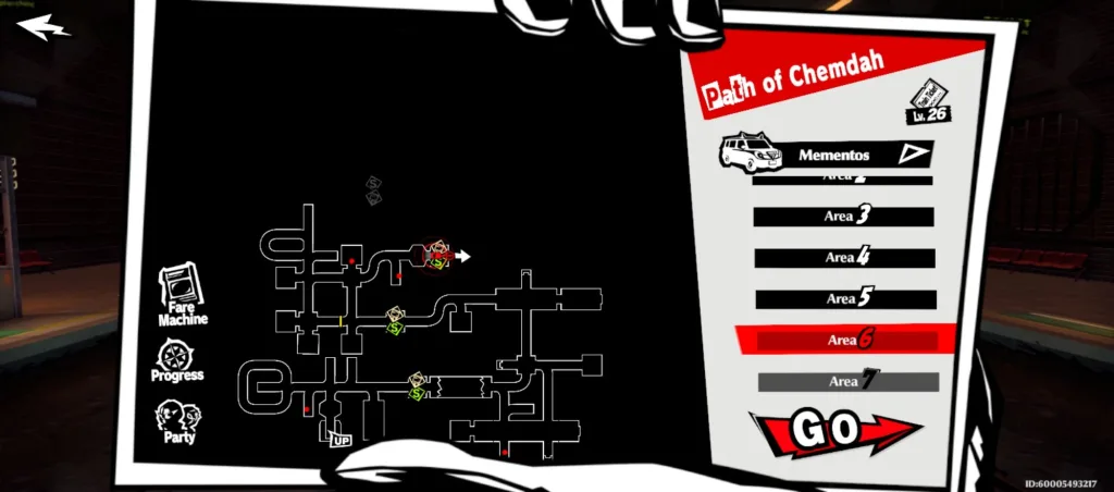 Mapa z gry Persona 5 The Phantom X, pokazująca ścieżkę do Mementos i dostępne obszary, w tym zaznaczony obszar 6.