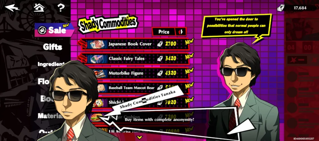 Ekran gry Persona 5 The Phantom X przedstawiający sklep "Shady Commodities" z listą dostępnych przedmiotów