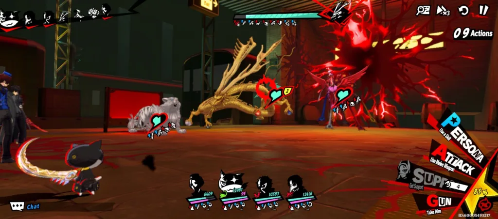 Postacie z gry komputerowej Persona 5 w trakcie walki z potworami, w tym złotym smokiem i czerwoną, amorficzną istotą.