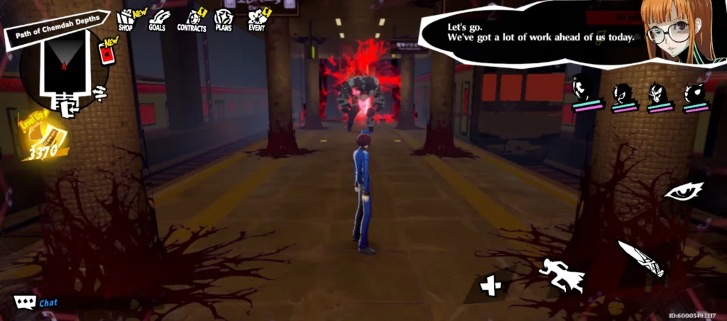 Scena z gry Persona 5 The Phantom X, przedstawiająca postać gracza na peronie, przed którą znajduje się przeciwnik. 