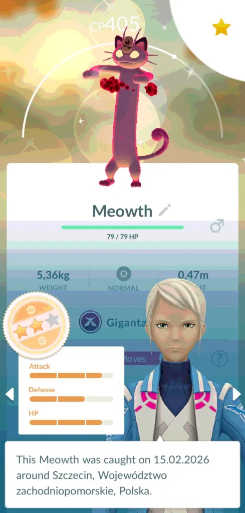 Postać Meowth z gry Pokemon GO z widocznymi statystykami i informacją o złapaniu w Polsce.