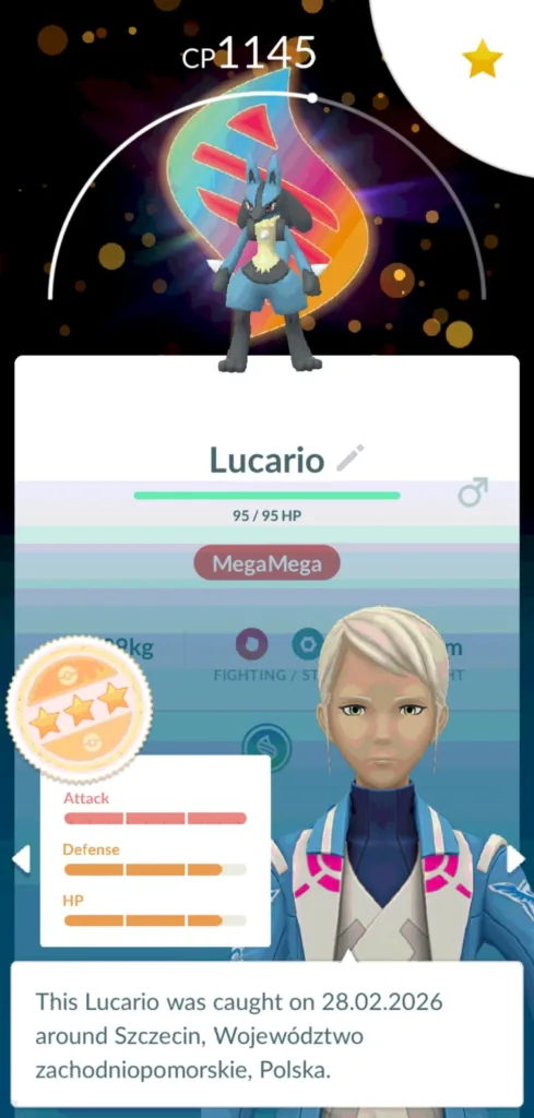 Postać Lucario z gry Pokemon GO z widocznym paskiem CP 1145 i ikoną Mega