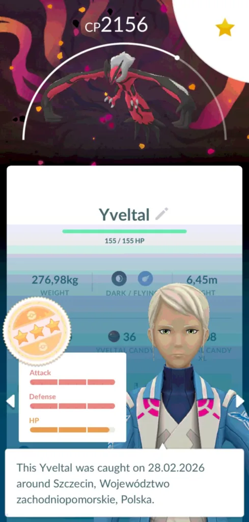 Yveltal z CP 2156, z widocznymi statystykami ataku, obrony i HP, oraz informacją o złapaniu w Polsce.