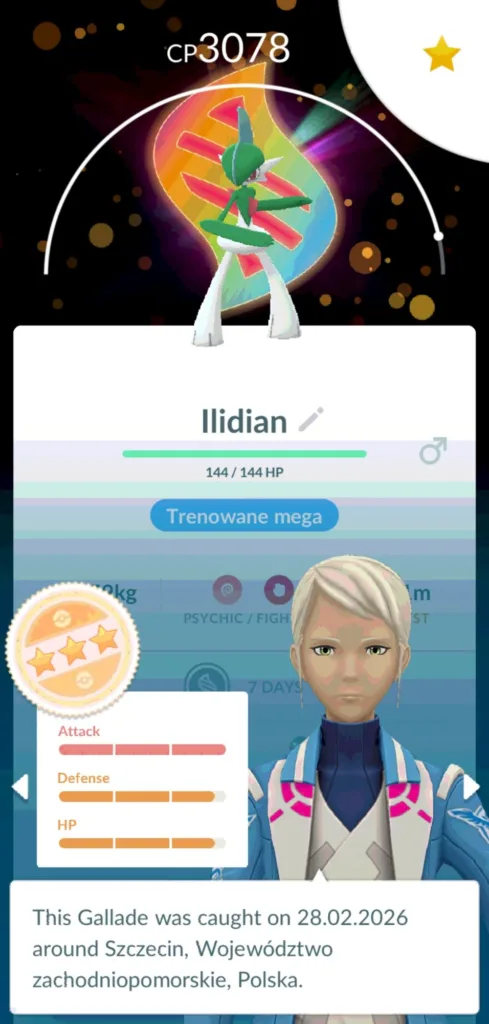 Postać Illidian z gry Pokemon Go z CP 3078, z widocznymi statystykami ataku, obrony i HP.