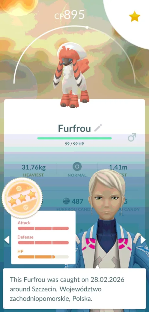 Postać Furfrou z gry Pokemon GO z widocznymi statystykami