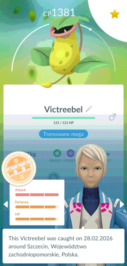 Postać Victreebel z gry komputerowej z widocznymi statystykami