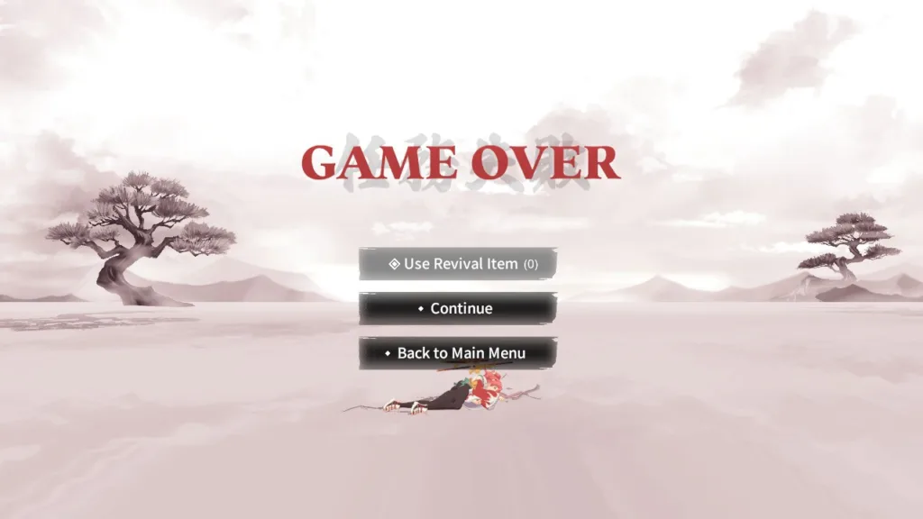 Napis GAME OVER na tle stylizowanego krajobrazu z drzewami bonsai i postaciami leżącymi na ziemi.