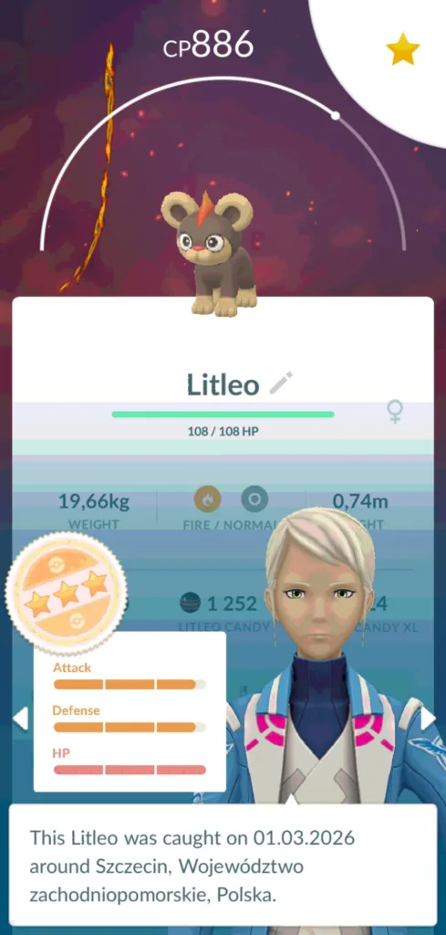 Litleo, stworek z gry Pokemon Go, z widocznymi statystykami