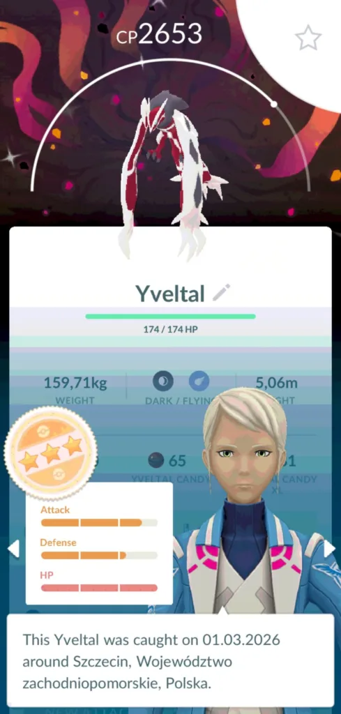 Yveltal z CP 2653, z pełnym paskiem HP, w grze Pokemon GO.