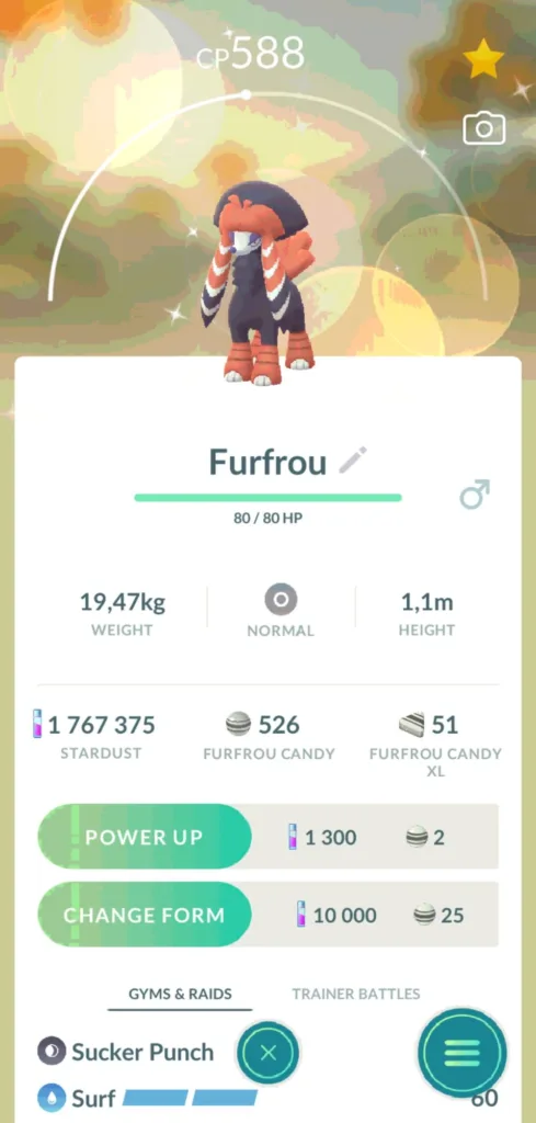 Postać Furfrou z gry Pokemon Go, z widocznymi statystykami CP 588, wagą 19,47kg i wzrostem 1,1m.