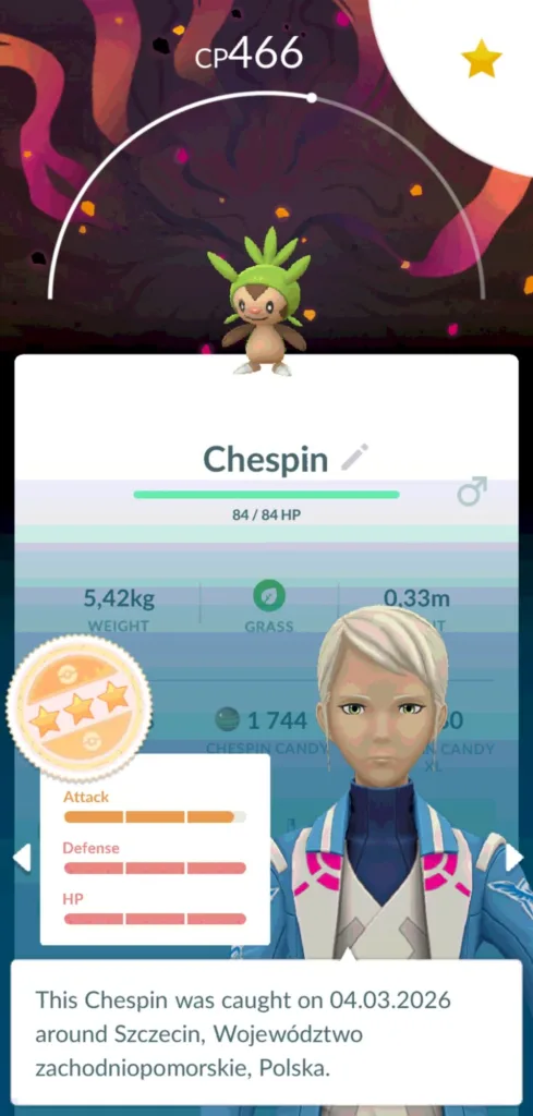 Postać z gry komputerowej Pokemon Go, Chespin, z widocznymi statystykami CP 466.