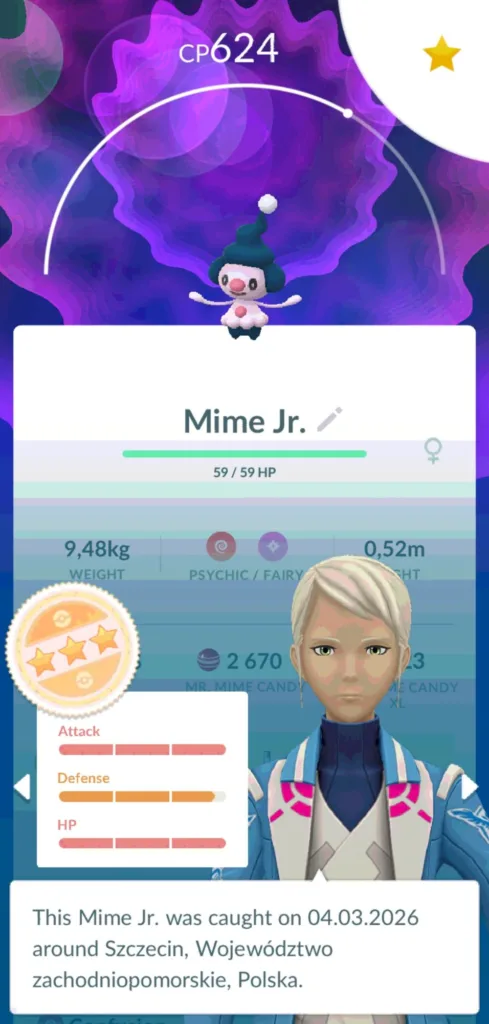 Postać Mime Jr. z gry Pokemon Go z widocznymi statystykami i informacją o złapaniu
