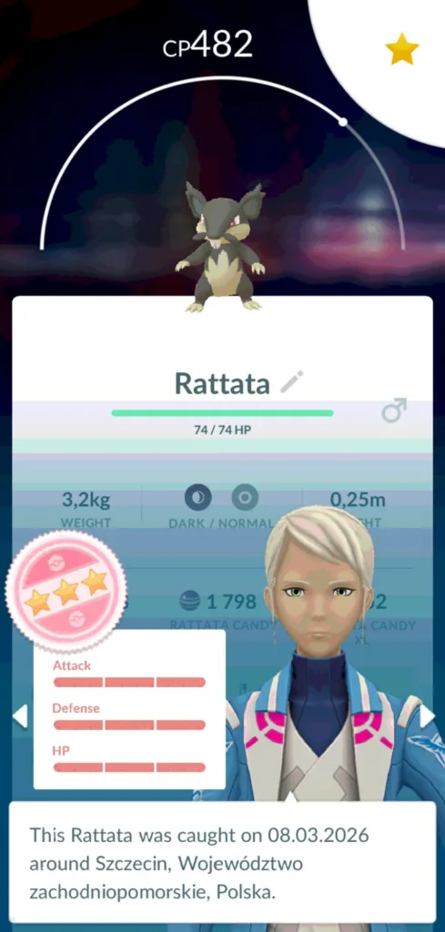 Grafika z gry Pokemon Go przedstawiająca Pokemona Rattata z CP 482, jego statystyki, wagę, wzrost oraz datę i miejsce złapania.