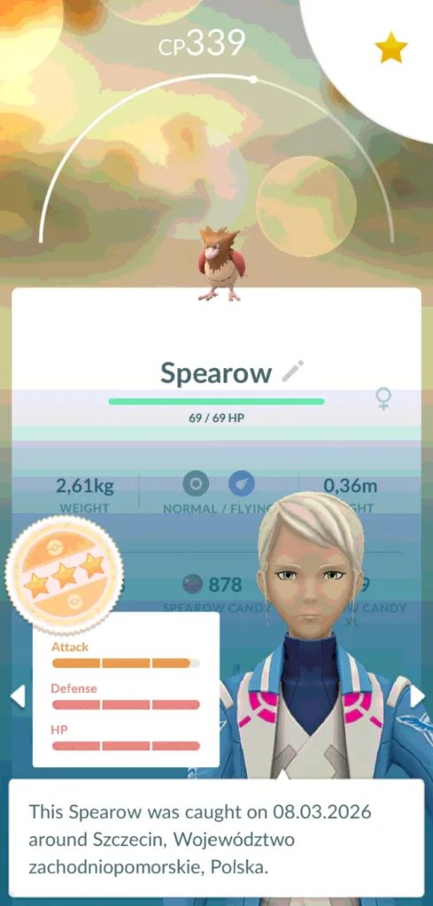 Statystyki Pokemona Spearow z gry Pokemon Go, w tym CP, HP, waga i wzrost.