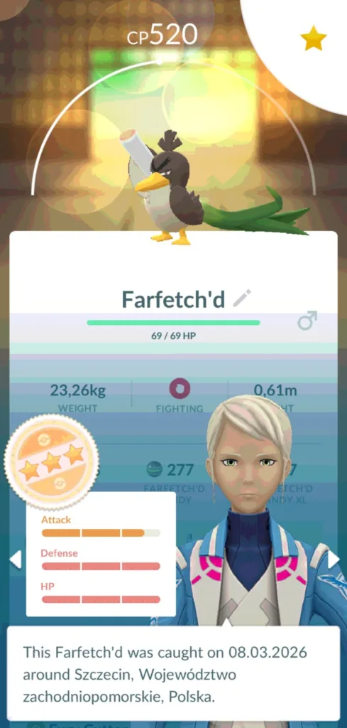 Postać Farfetch'd z gry Pokemon GO z widocznymi statystykami