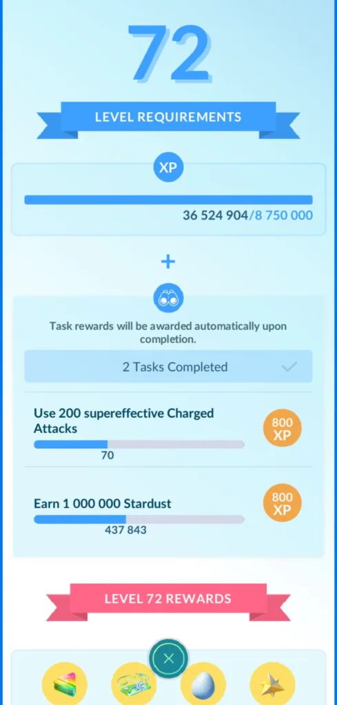 Ekran gry Pokemon GO pokazujący wymagania do osiągnięcia poziomu 72, w tym postęp w zdobywaniu punktów doświadczenia (XP) i ukończone zadania.