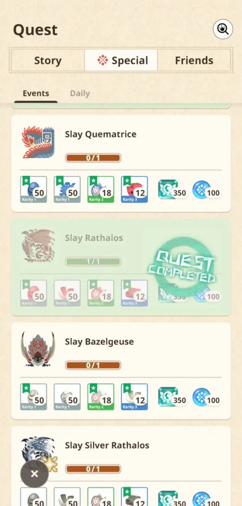 Lista zadań w grze mobilnej, z widocznymi nazwami zadań: Slay Quematrice, Slay Rathalos, Slay Bazelgeuse, Slay Silver Rathalos.