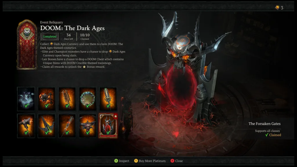 Interfejs gry komputerowej z informacjami o wydarzeniu "DOOM: The Dark Ages" i ikonami przedmiotów do zdobycia.