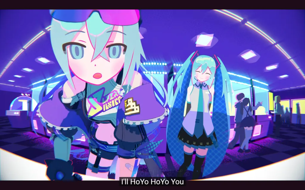Dwie postacie z anime w stylu wirtualnych idolek, jedna z przodu z wyrazem zaskoczenia, druga z tyłu uśmiechnięta, w tle futurystyczne wnętrze z neonowym oświetleniem.