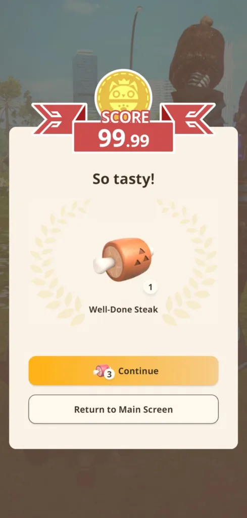 Wynik gry z ikoną kota, wynikiem 99.99 i opisem 'So tasty!'
