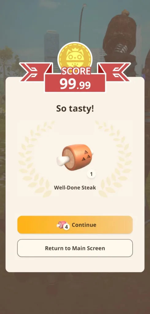 Wynik gry z wynikiem 99.99, napisem 'So tasty!' i ikoną steka.