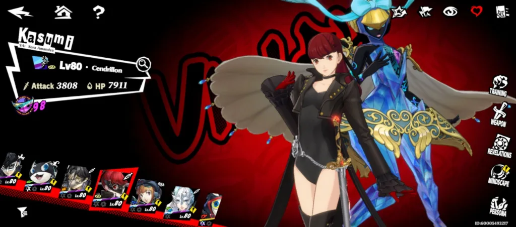 Postać Kasumi z gry Persona 5 Royal, z jej Personą Cendrillon w tle.
