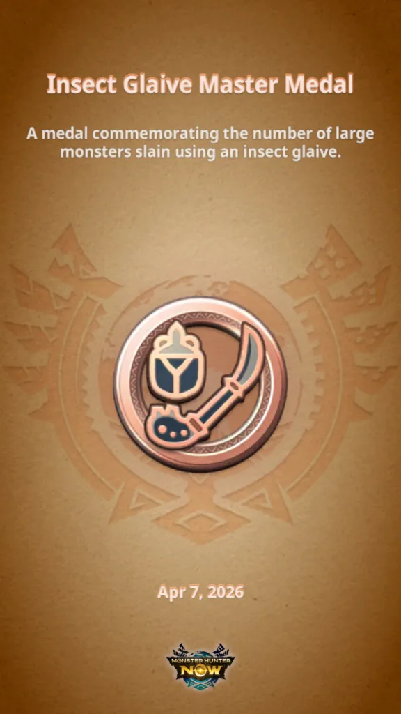 Medal z symbolem broni Insect Glaive, przedstawiającej ostrze i kulę z owadem.