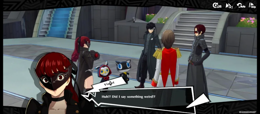 Postacie z gry komputerowej Persona 5, w tym Joker, Violet, Morgana i Akechi, stoją w futurystycznym otoczeniu.