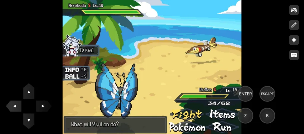 Gra komputerowa z widokiem na plażę, gdzie walczą dwa Pokemony: niebieski motyl i ryba.