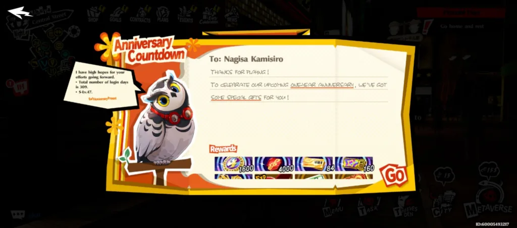 Grafika przedstawia sowę siedzącą na gałęzi, która jest częścią okna z powiadomieniem o rocznicy Persona 5 The Phantom X.