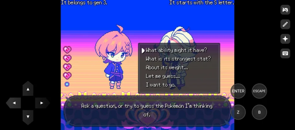 Dwie postacie w stylu anime, jedna z różowymi włosami, druga z białymi, stoją przed oknem dialogowym z pytaniami.