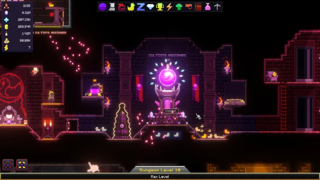 Pixelartowa scena z gry All Hail The Orb przedstawiająca mroczne wnętrze z fioletową kulą energii na piedestale.