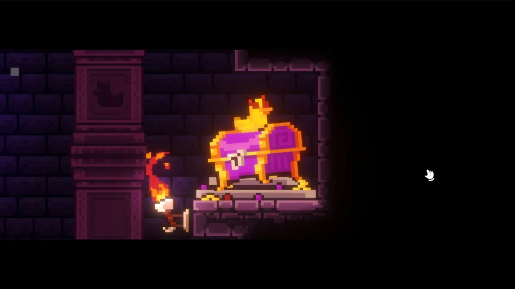 Fioletowa skrzynia ze złotymi zdobieniami, płonąca pochodnia i kamienne mury w stylu pixel art.