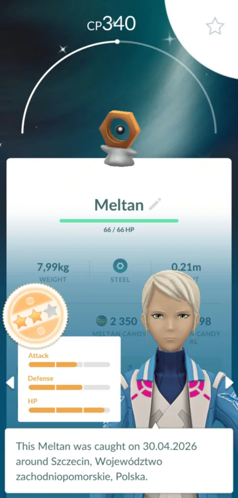 Ekran gry Pokemon Go pokazujący statystyki stworka Meltan, w tym jego CP, wagę, typ i poziom zdrowia.