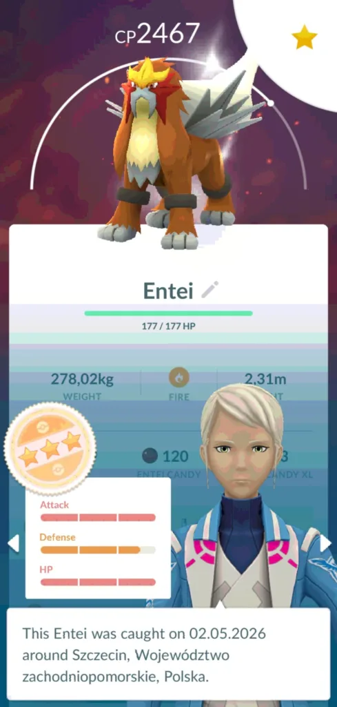 Postać Entei z gry Pokemon Go z widocznymi statystykami CP, ataku, obrony i HP.