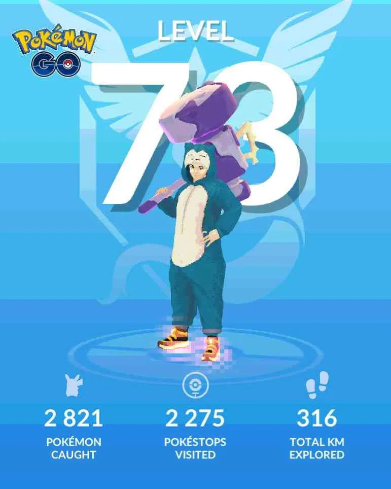 Postać w stroju Snorlaxa z młotem w grze Pokemon Go, na tle liczby 73 i logo gry.