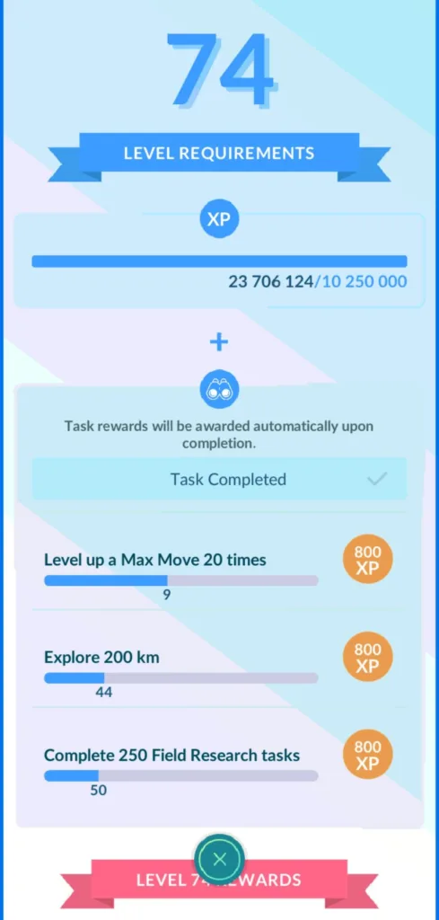 Ekran Pokemon Go pokazujący postęp w zdobywaniu punktów doświadczenia (XP) do osiągnięcia poziomu 74. Widoczne są zadania do wykonania, takie jak ulepszanie ruchów, eksploracja i