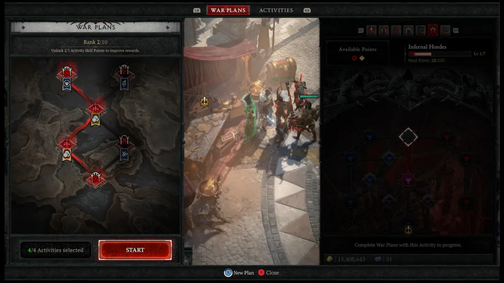 Interfejs gry komputerowej Diablo IV z widokiem na drzewko rozwoju "War Plans" oraz postacie graczy w tle.