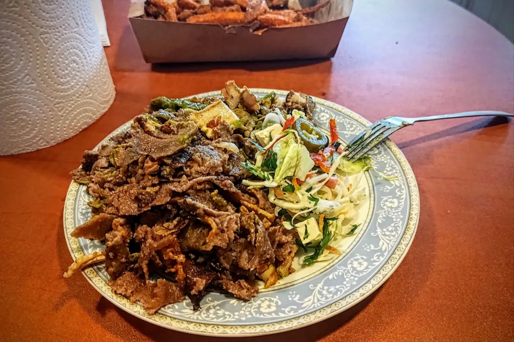 Talerz z mięsem kebab, sałatką i frytkami w tle