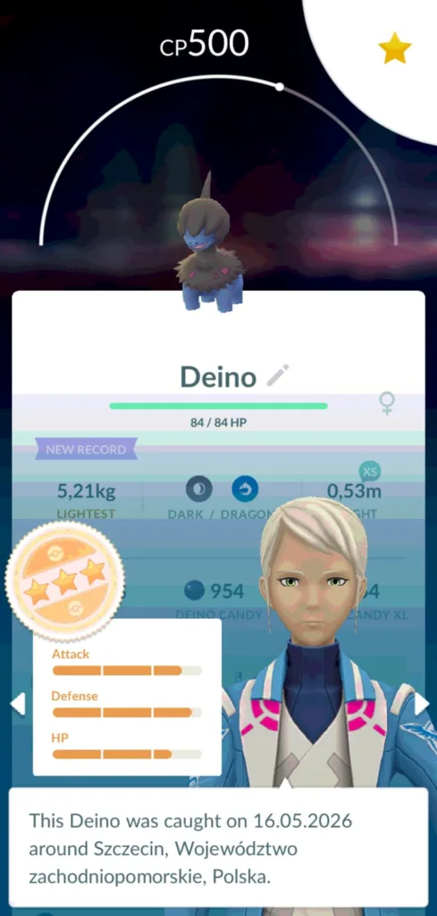 Pokémon Deino z CP 500, z widocznymi statystykami ataku, obrony i punktów życia.